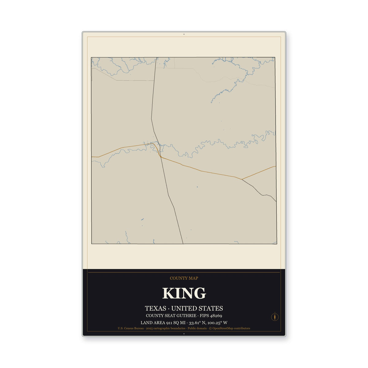 King County, Texas Map Aluminum Sign in Museum Plaque style