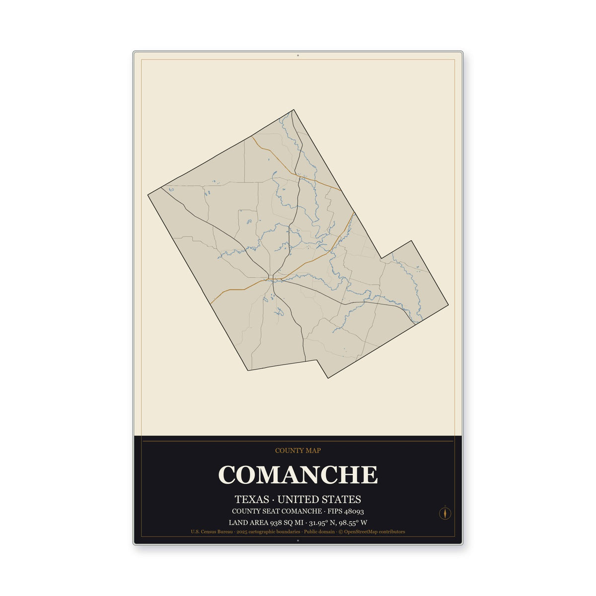 Comanche County, Texas Map Aluminum Sign in Museum Plaque style
