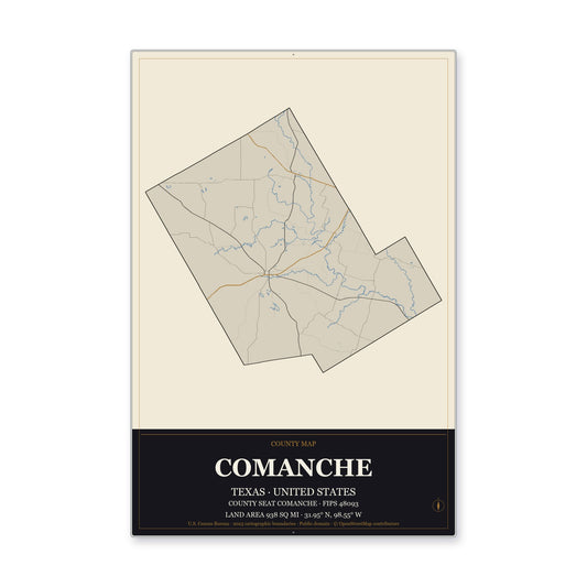 Comanche County, Texas Map Aluminum Sign in Museum Plaque style