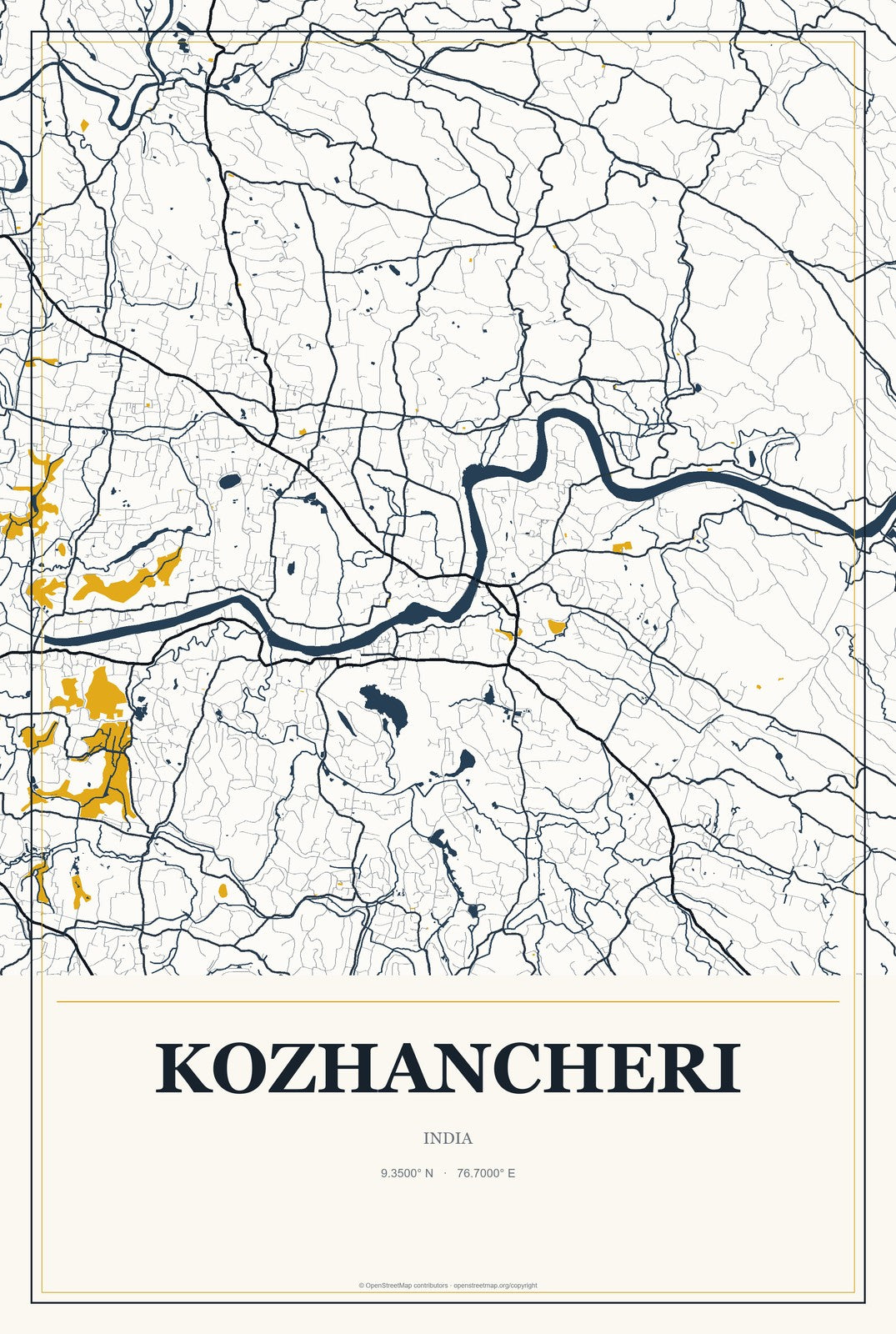 Kozhancheri, India City Map Aluminum Sign in Citrine Modern style