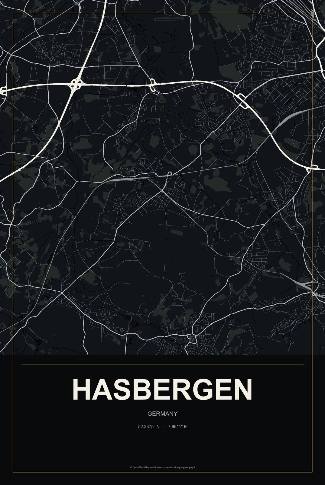Hasbergen, Germany City Map Aluminum Sign in Metropolitan Noir style