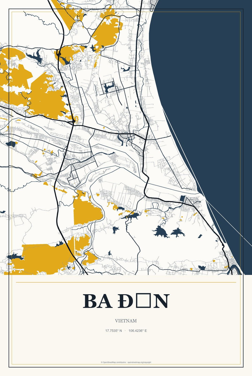 Ba Đồn, Vietnam City Map Aluminum Sign in Citrine Modern style