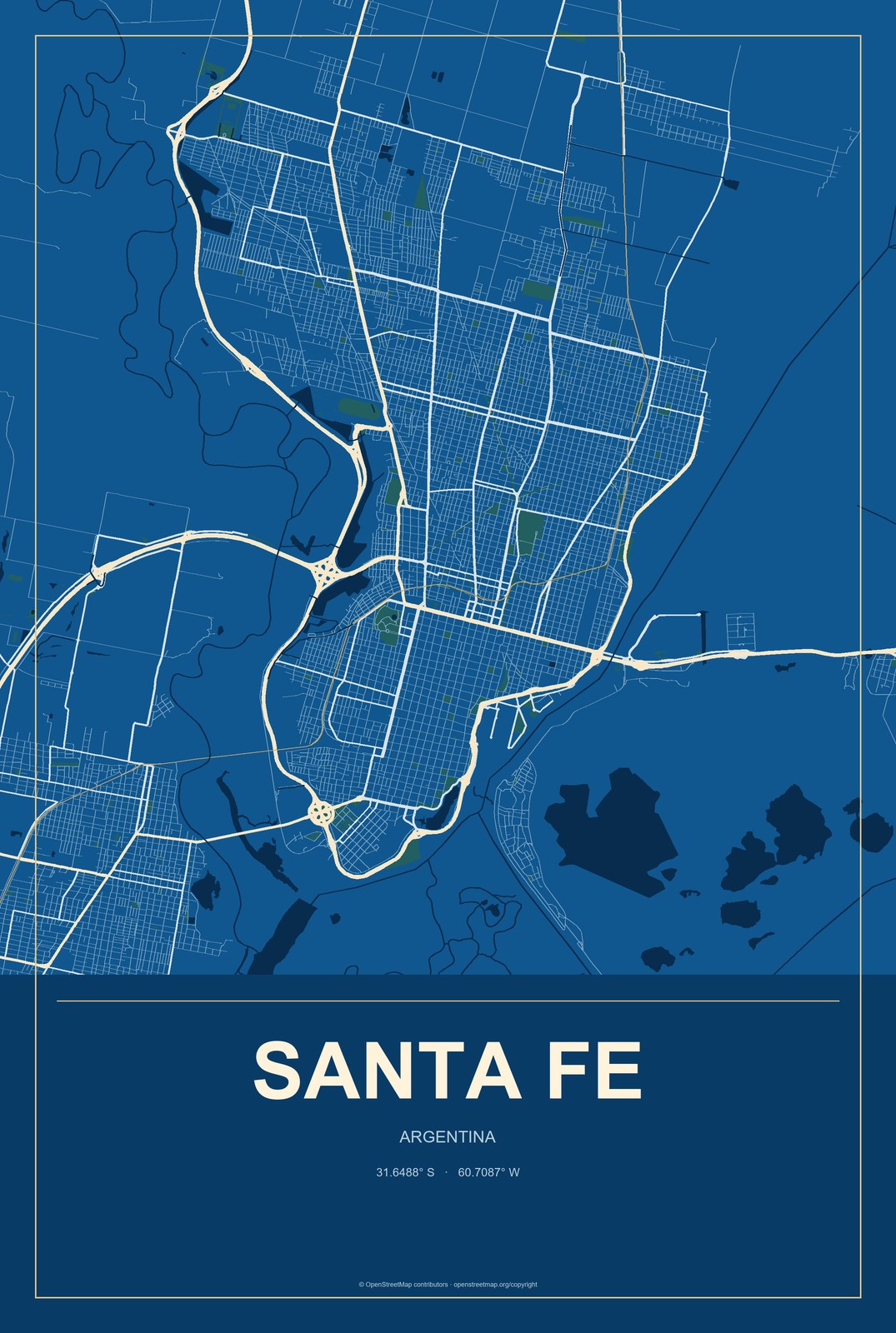 Santa Fe, Argentina City Map Aluminum Sign in Harbor Cobalt style