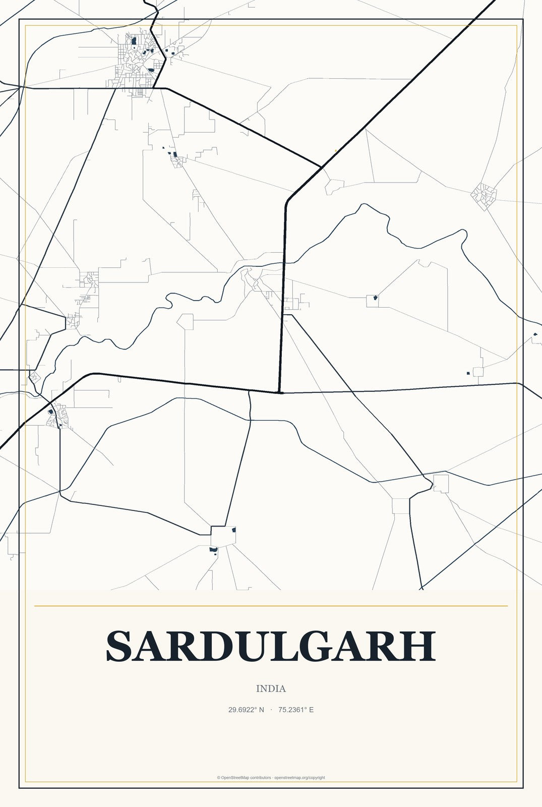 Sardulgarh, India City Map Aluminum Sign in Citrine Modern style