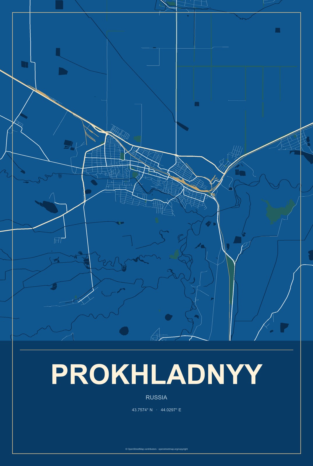 Prokhladnyy, Russia City Map Aluminum Sign in Harbor Cobalt style