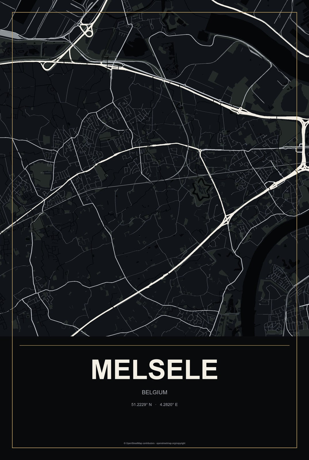 Melsele, Belgium City Map Aluminum Sign in Metropolitan Noir style