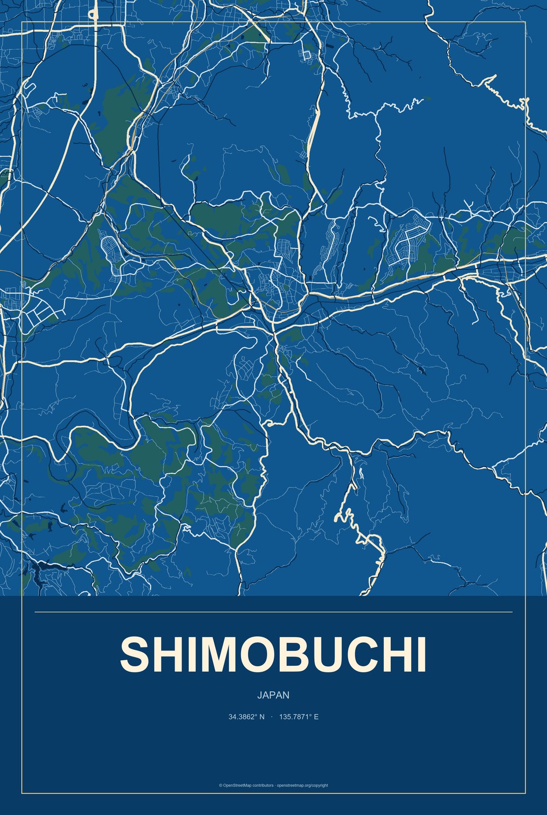 Shimobuchi, Japan City Map Aluminum Sign in Harbor Cobalt style