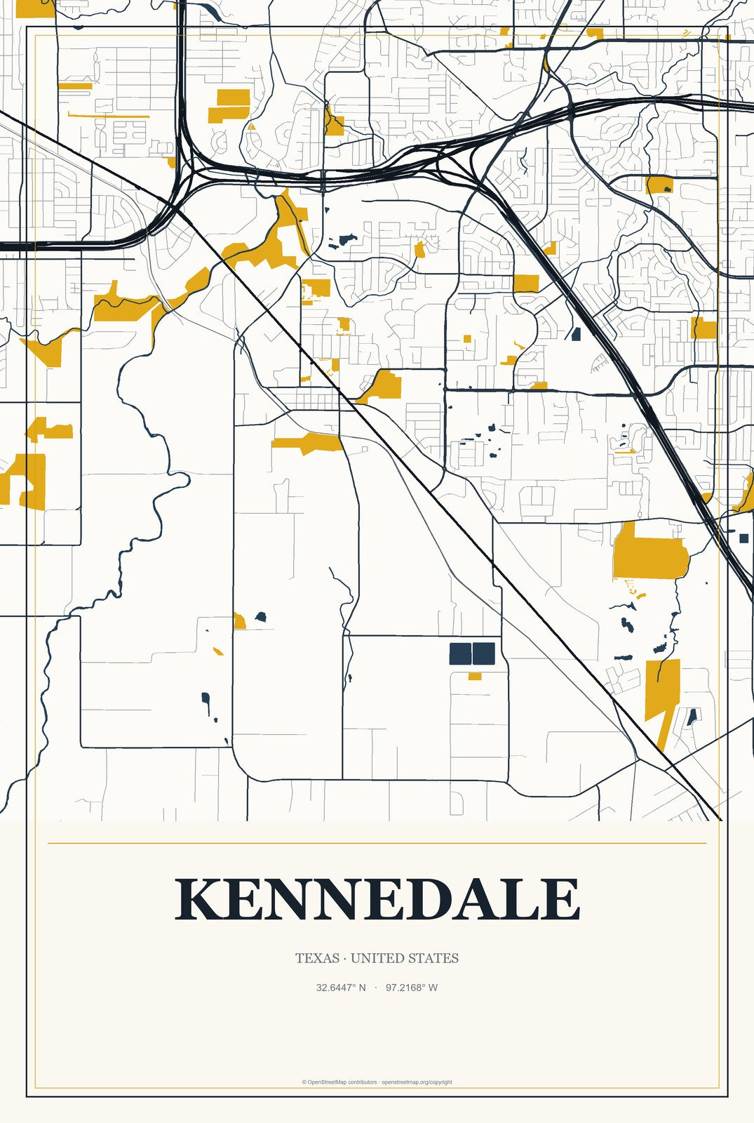 Kennedale, Texas City Map Aluminum Sign in Citrine Modern style