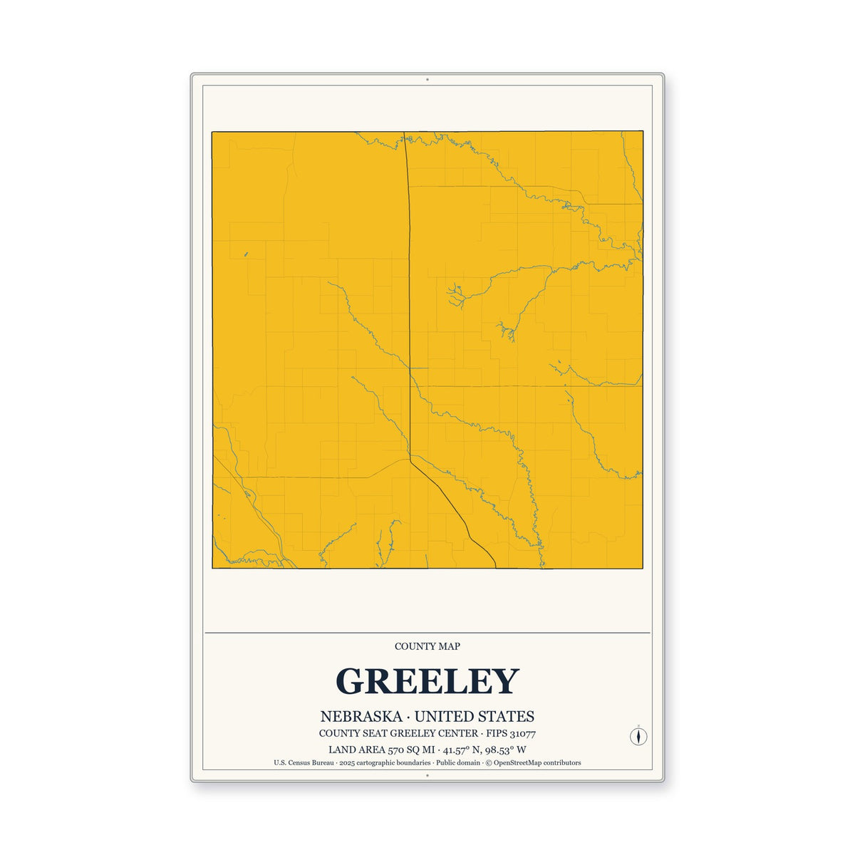 Greeley County, Nebraska Map Aluminum Sign in Citrine Modern style