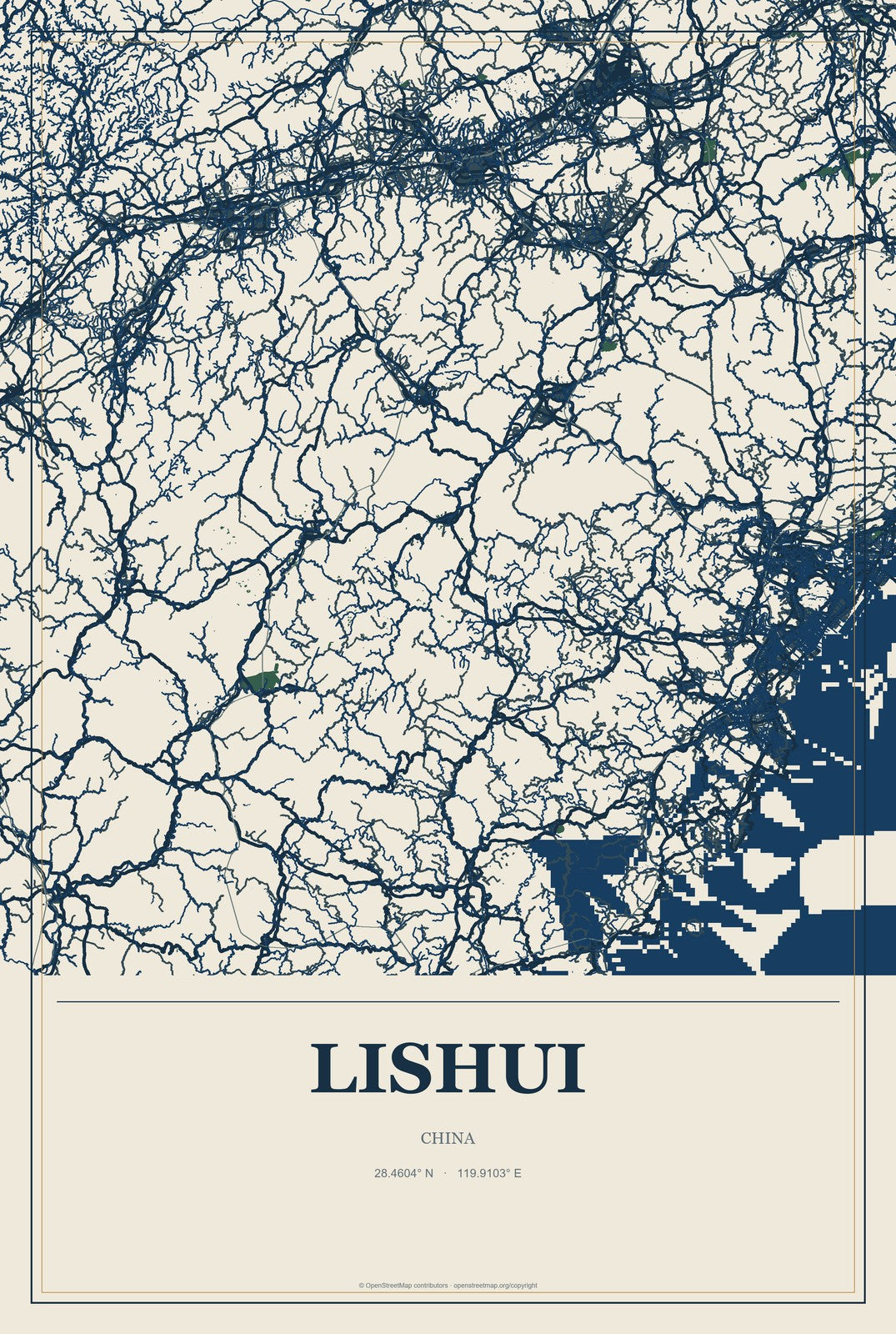 Lishui, China City Map Aluminum Sign in Coastal Cutout style