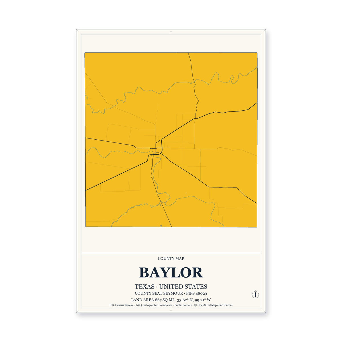 Baylor County, Texas Map Aluminum Sign in Citrine Modern style
