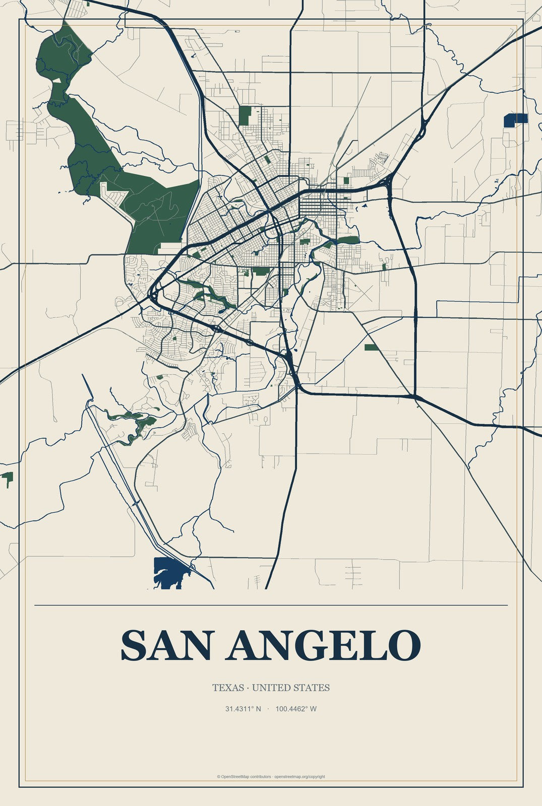 San Angelo, Texas City Map Aluminum Sign in Coastal Cutout style