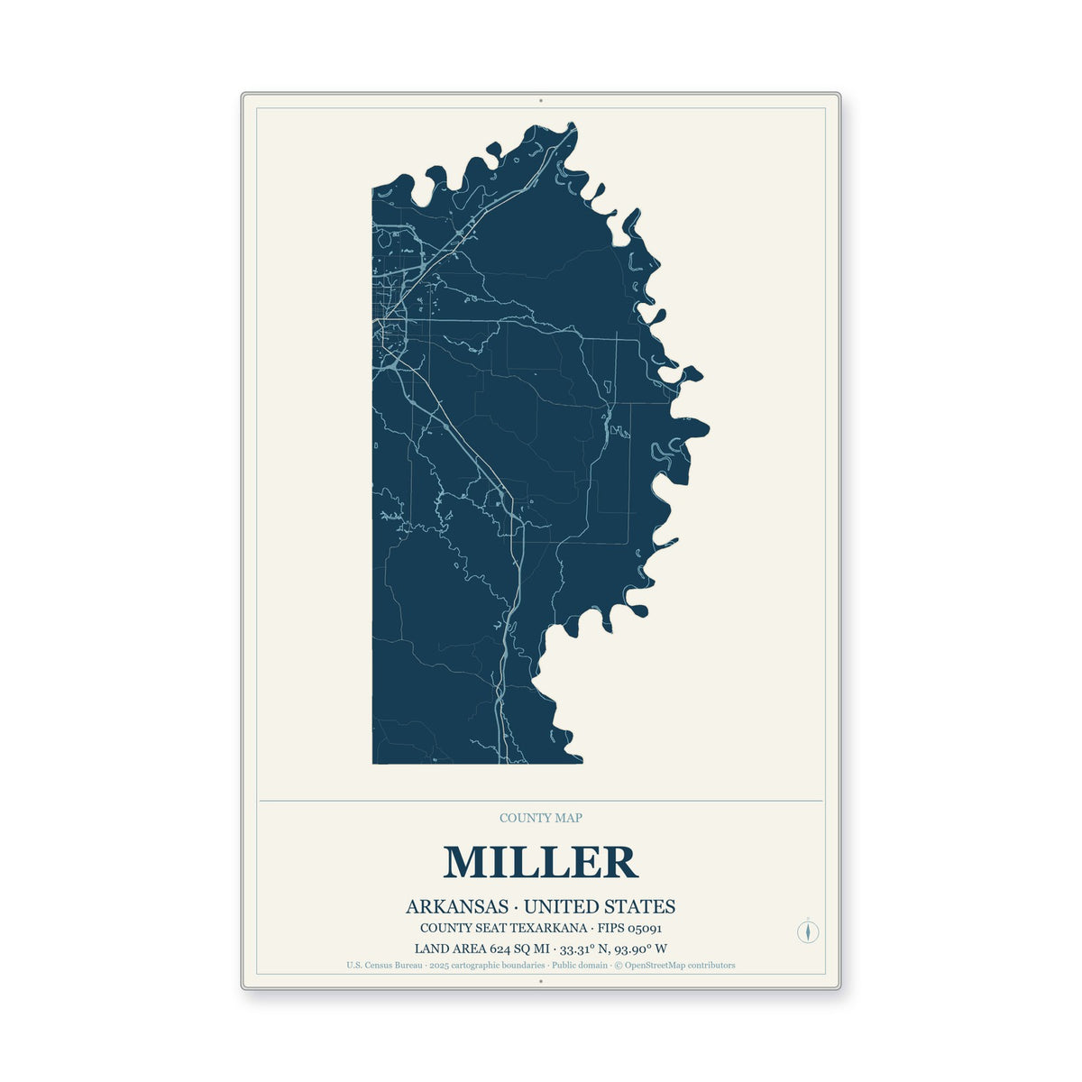 Miller County, Arkansas Map Aluminum Sign in Coastal Cutout style