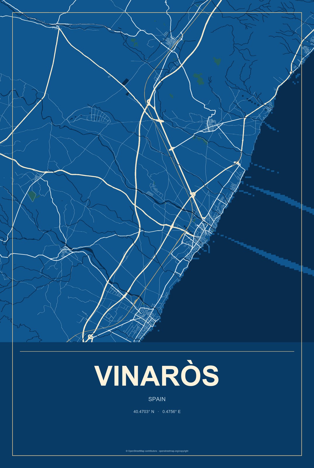 Vinaròs, Spain City Map Aluminum Sign in Harbor Cobalt style