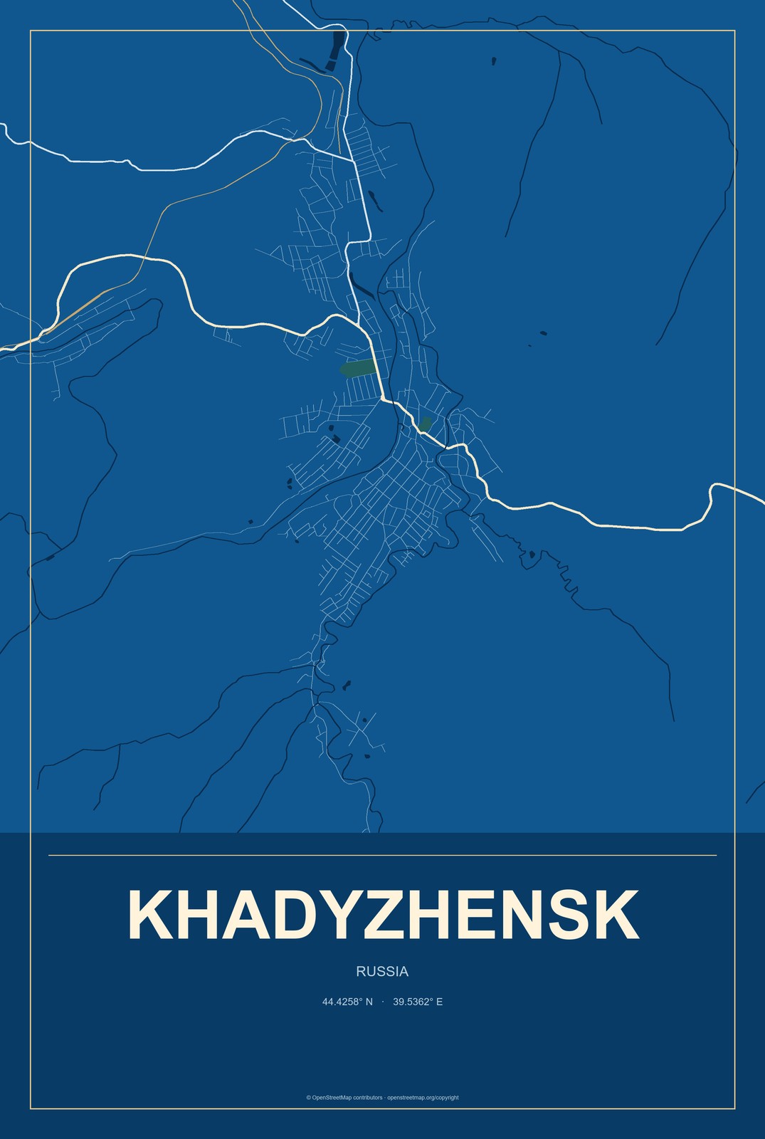 Khadyzhensk, Russia City Map Aluminum Sign in Harbor Cobalt style