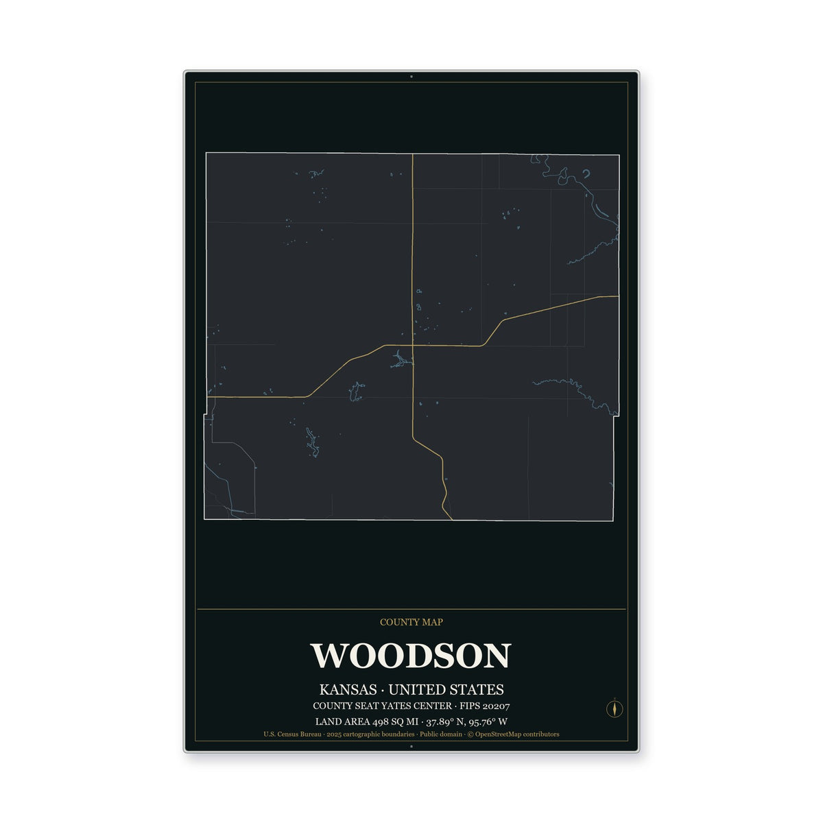 Woodson County, Kansas Map Aluminum Sign in Metropolitan Noir style