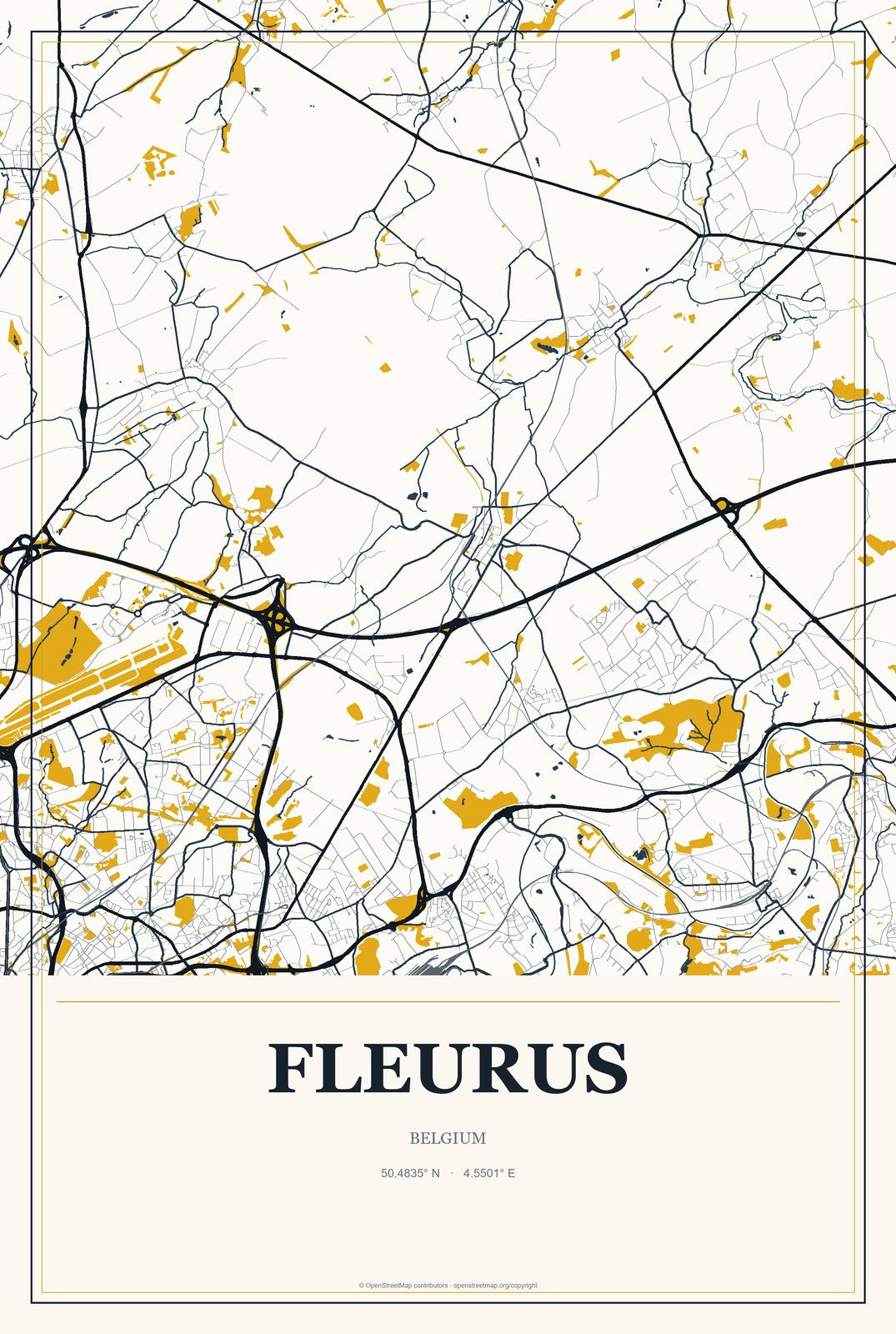 Fleurus, Belgium City Map Aluminum Sign in Citrine Modern style