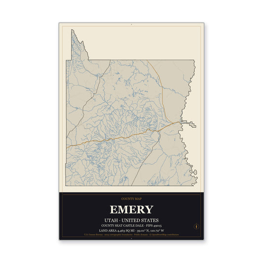 Emery County, Utah Map Aluminum Sign in Museum Plaque style