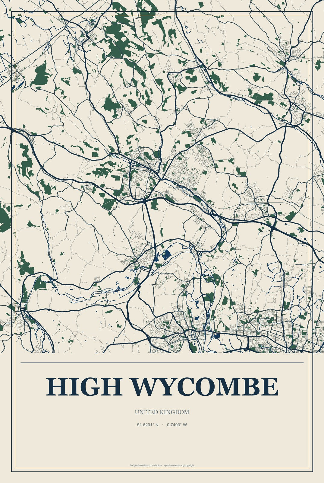 High Wycombe, United Kingdom City Map Aluminum Sign in Coastal Cutout style
