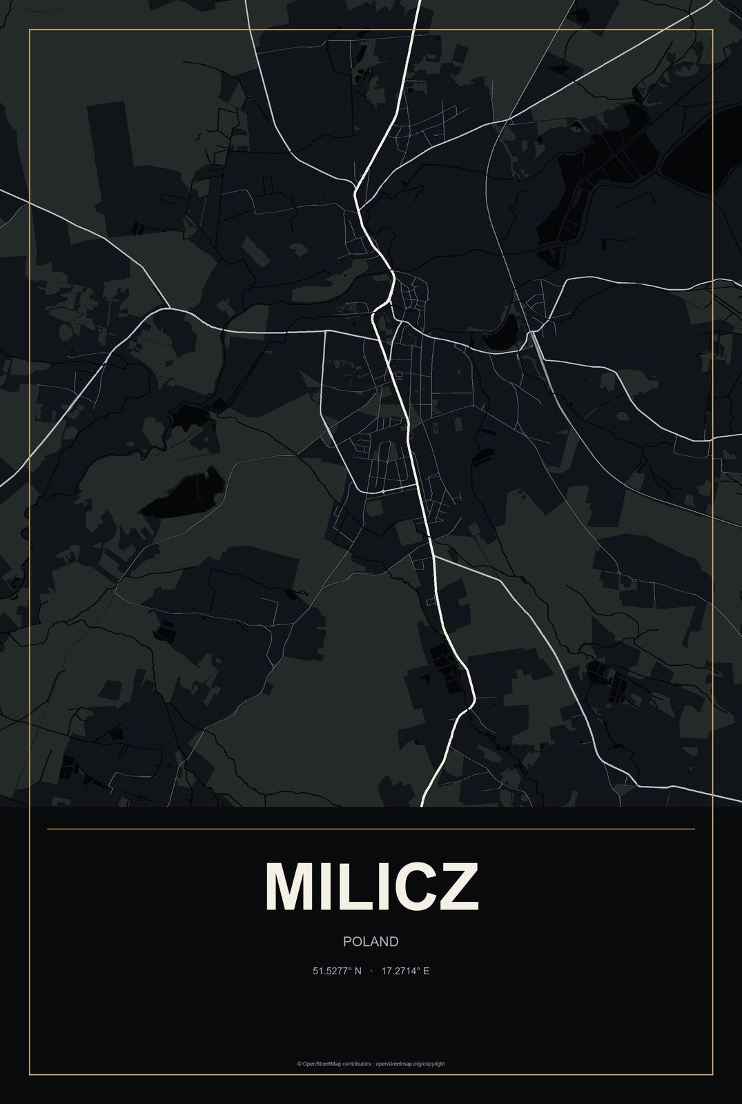 Milicz, Poland City Map Aluminum Sign in Metropolitan Noir style