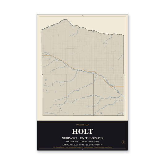 Holt County, Nebraska Map Aluminum Sign in Museum Plaque style