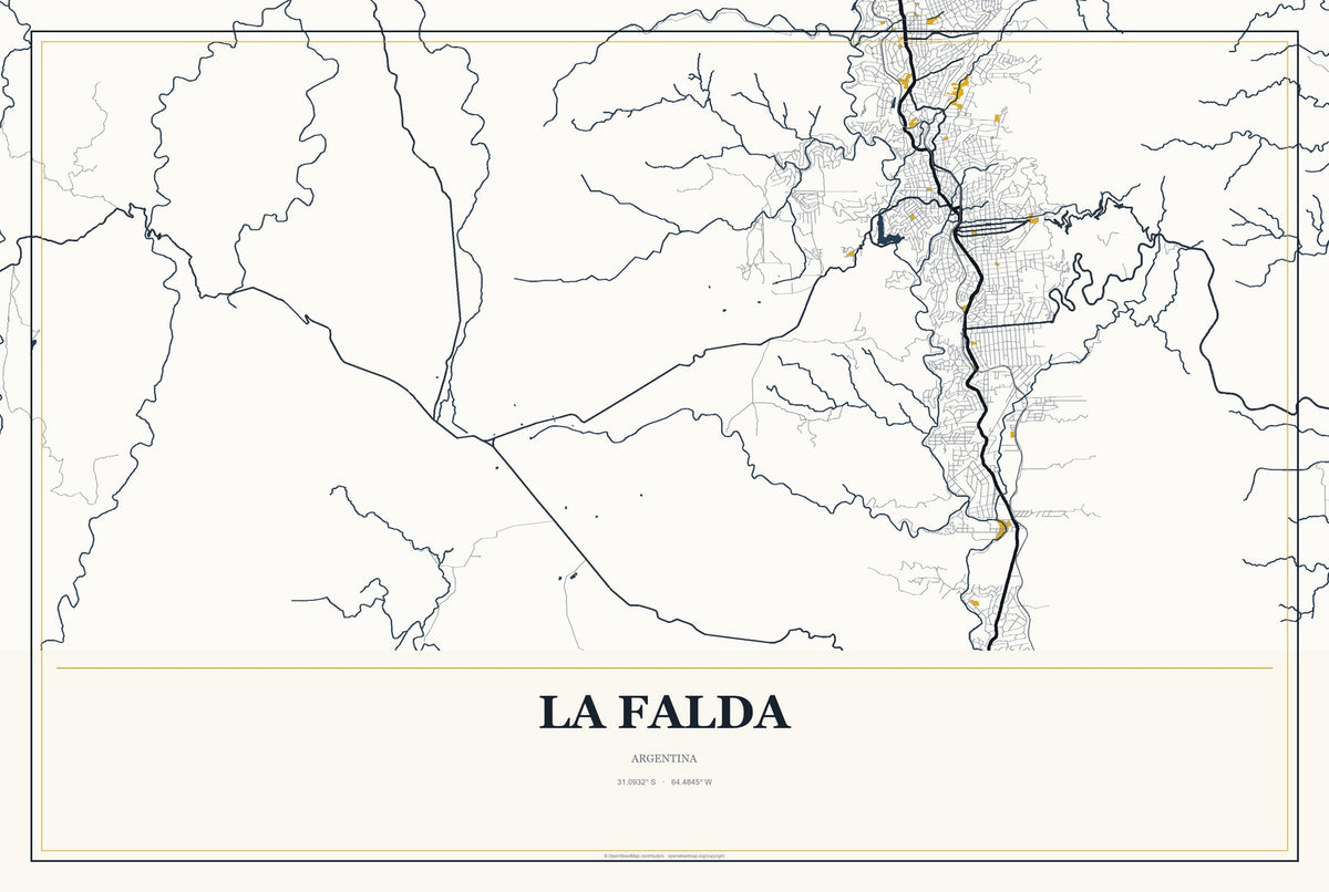 La Falda, Argentina City Map Aluminum Sign in Citrine Modern style