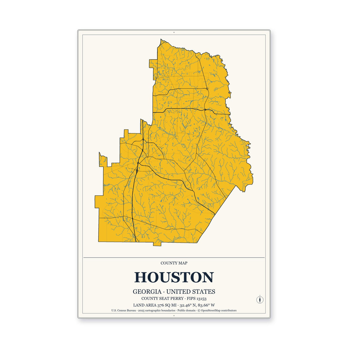 Houston County, Georgia Map Aluminum Sign in Citrine Modern style