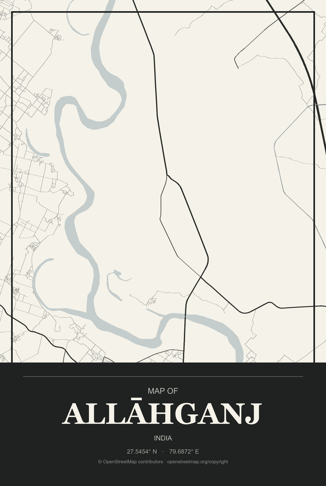 Allāhganj, India City Map Aluminum Sign in Museum Plaque style