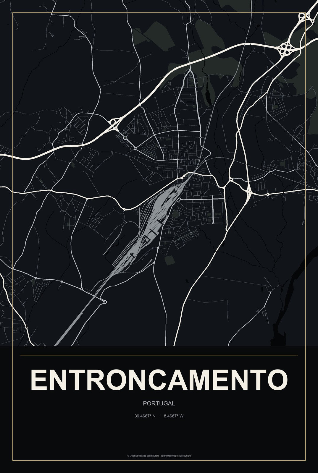 Entroncamento, Portugal City Map Aluminum Sign in Metropolitan Noir style