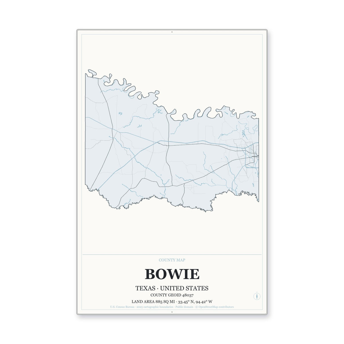 Bowie County, Texas Map Aluminum Sign in Gallery Air style