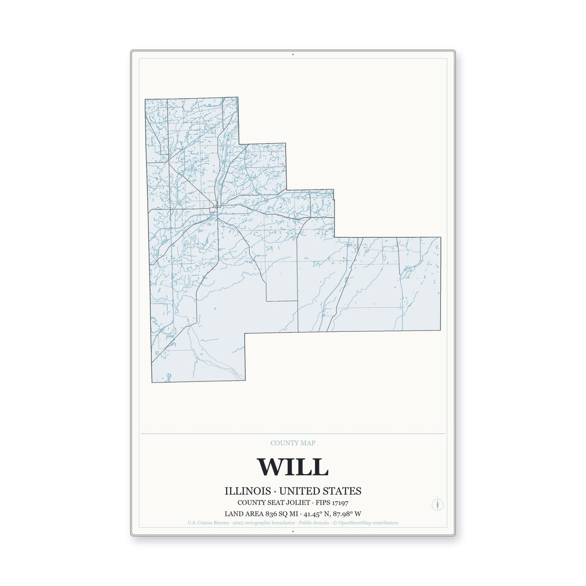 Will County, Illinois Map Aluminum Sign in Gallery Air style
