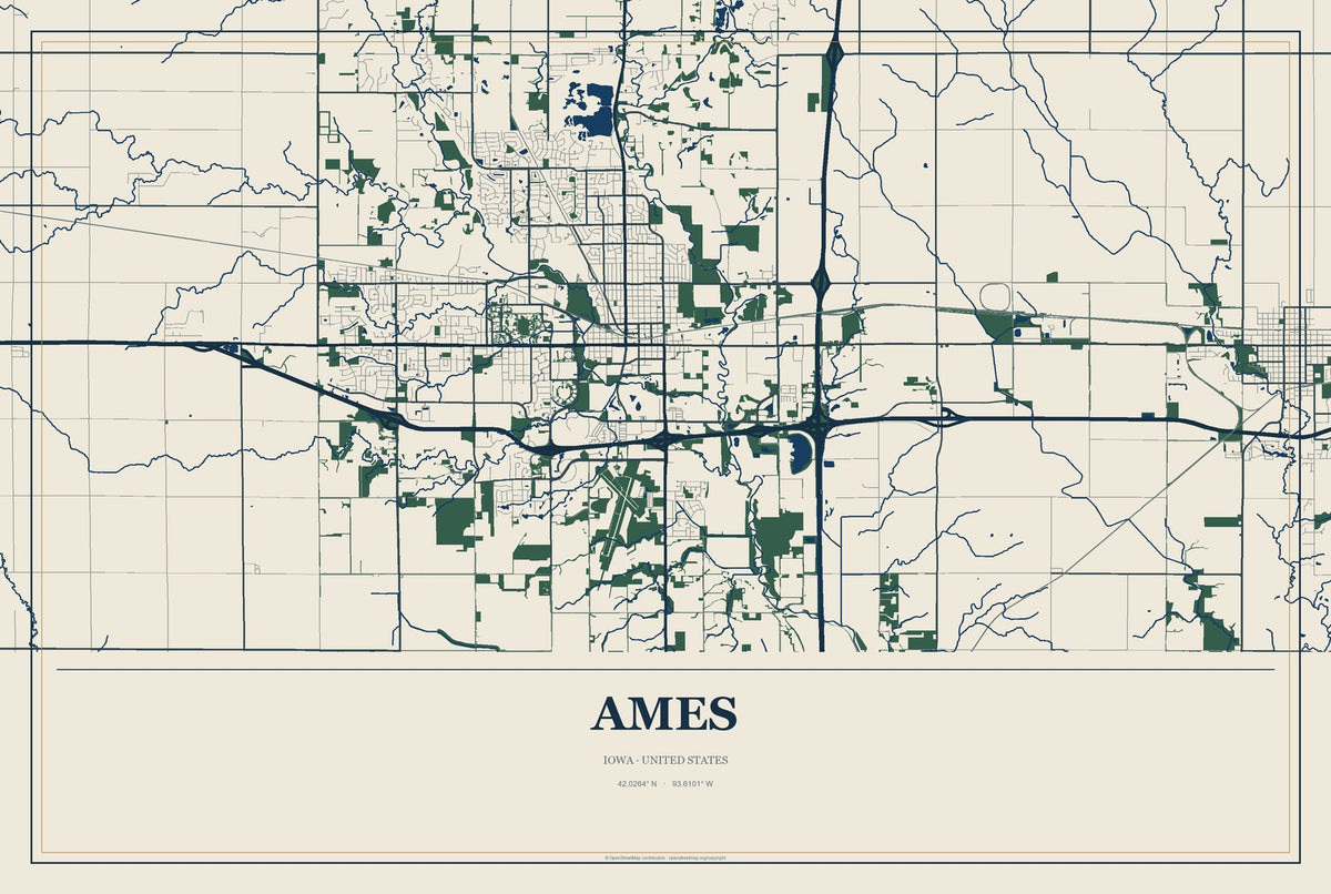 Ames, Iowa City Map Aluminum Sign in Coastal Cutout style