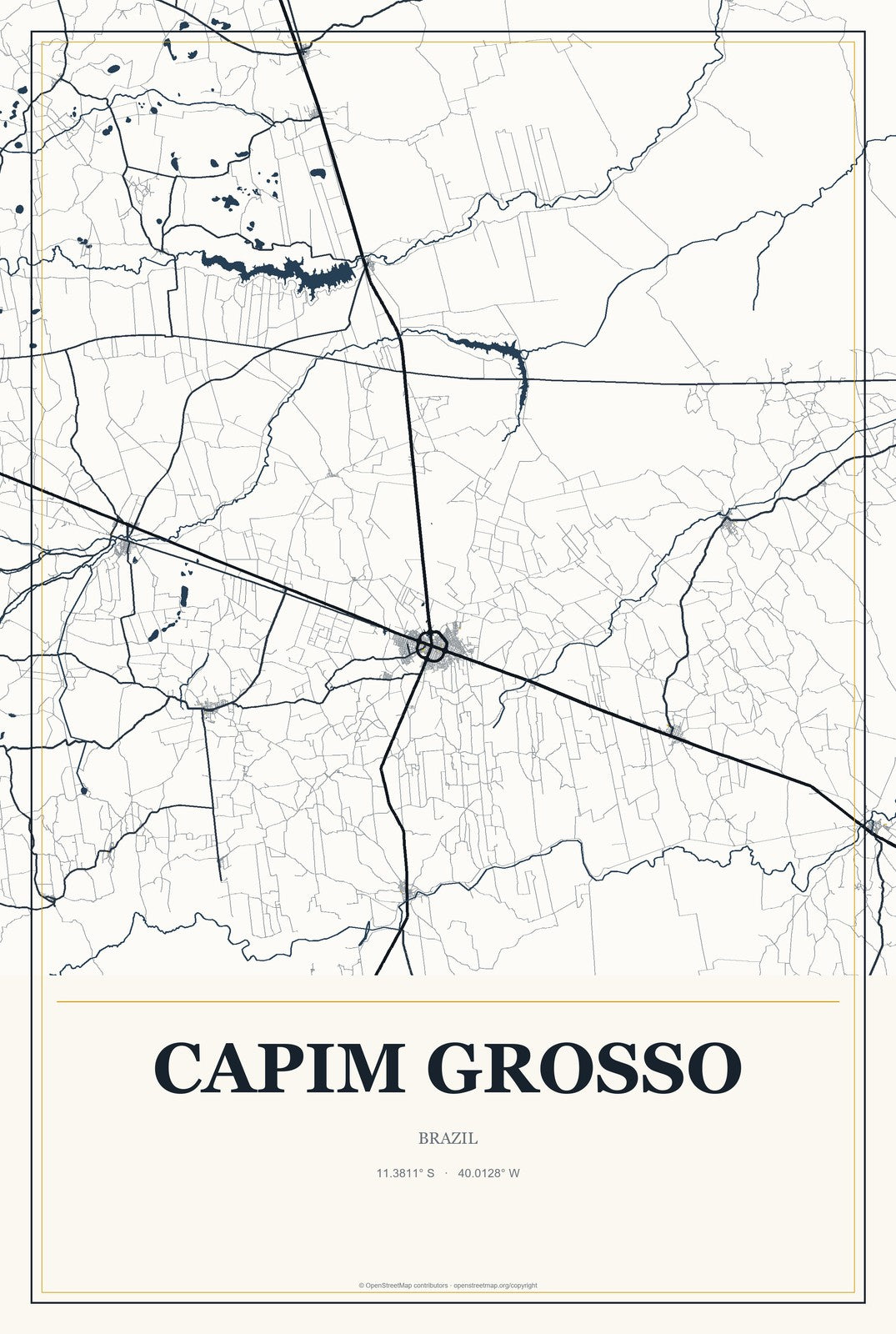 Capim Grosso, Brazil City Map Aluminum Sign in Citrine Modern style