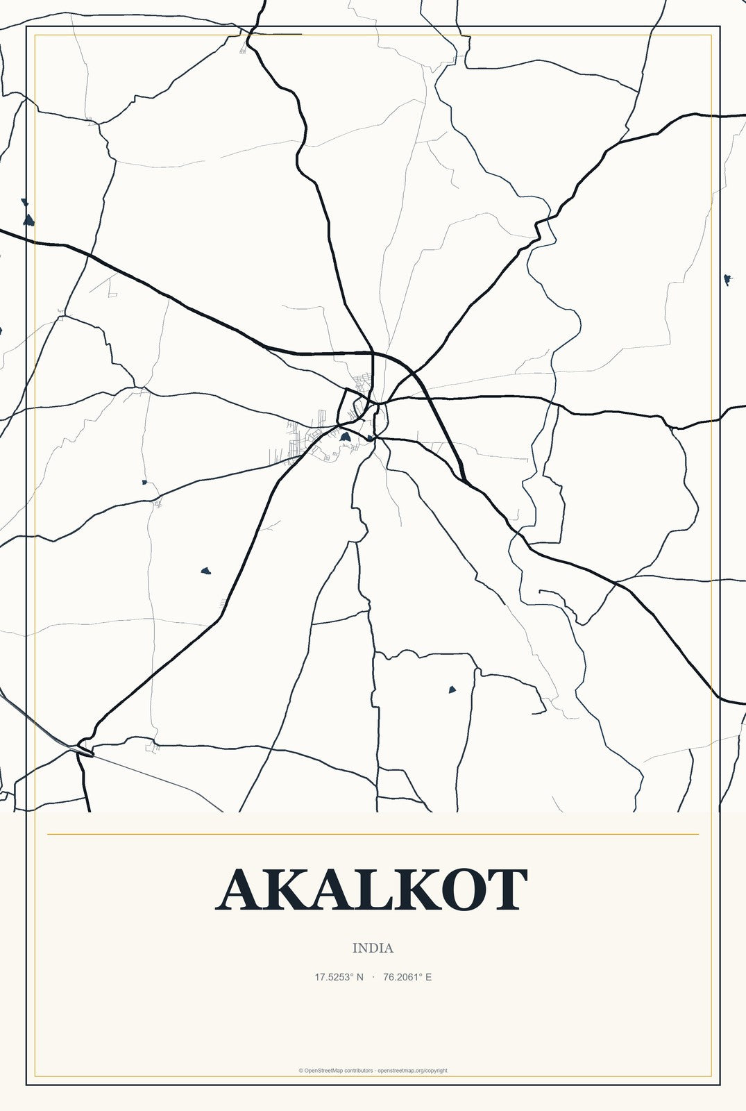 Akalkot, India City Map Aluminum Sign in Citrine Modern style