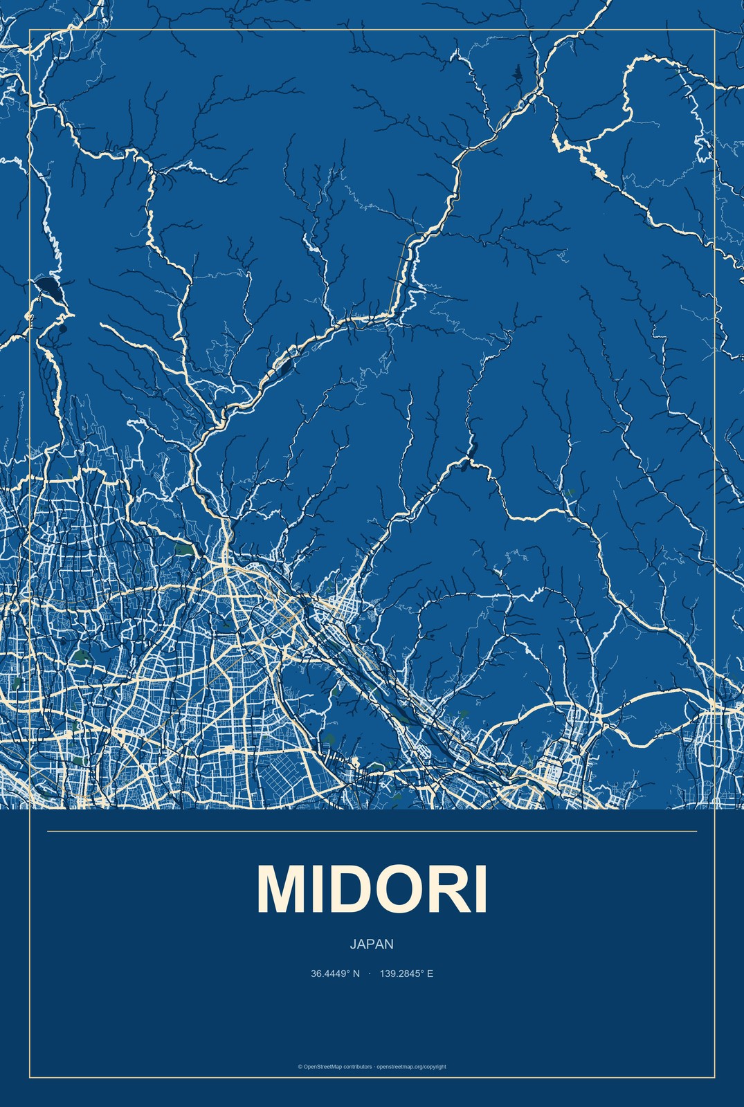 Midori, Japan City Map Aluminum Sign in Harbor Cobalt style