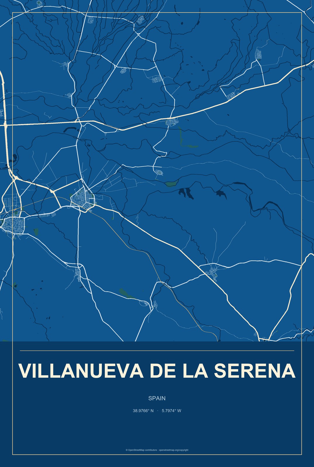 Villanueva de la Serena, Spain City Map Aluminum Sign in Harbor Cobalt style