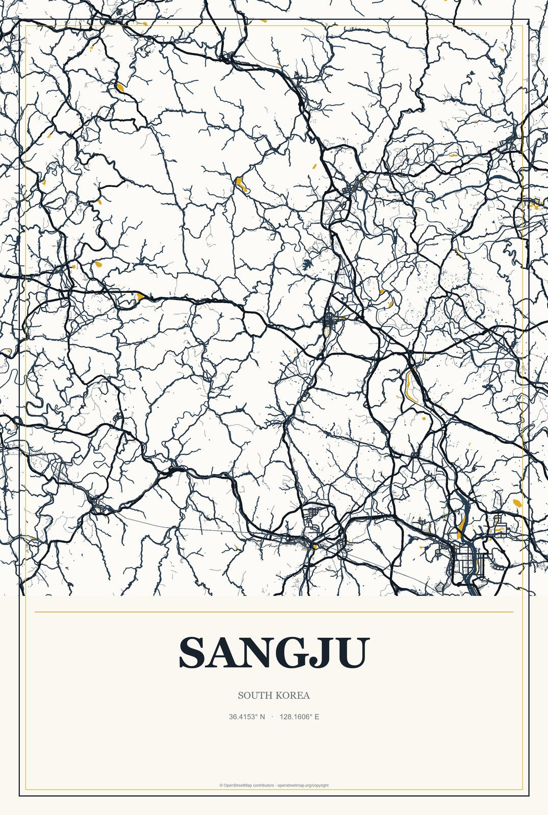 Sangju, South Korea City Map Aluminum Sign in Citrine Modern style