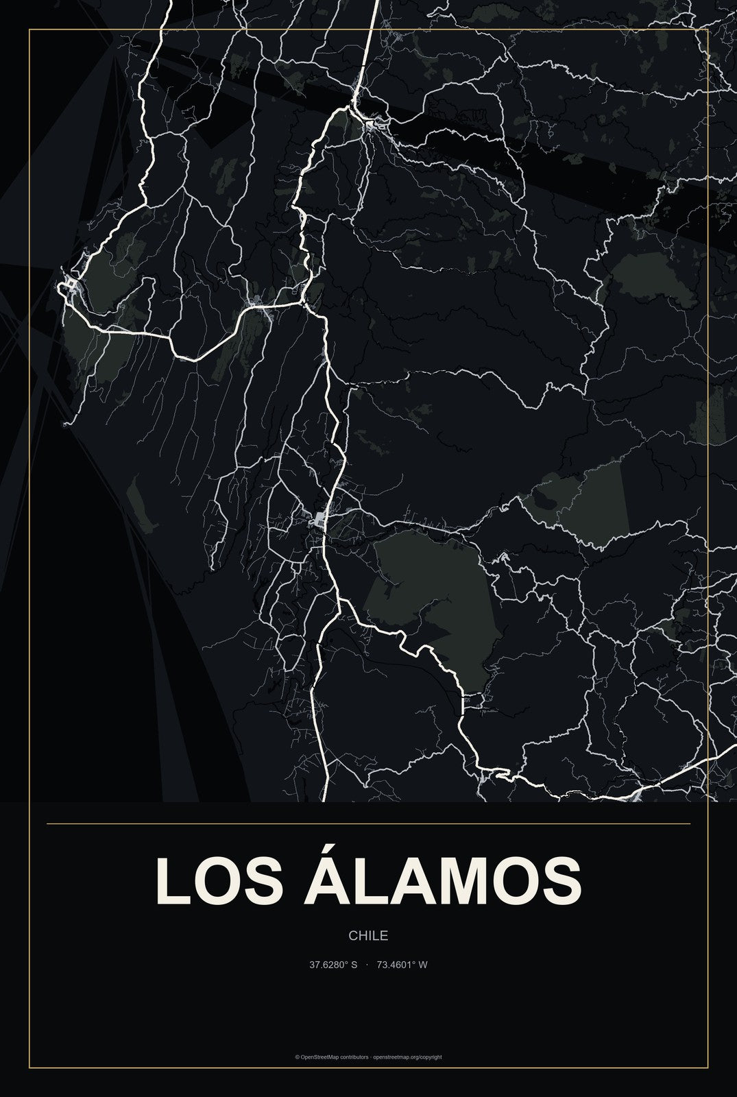 Los Álamos, Chile City Map Aluminum Sign in Metropolitan Noir style