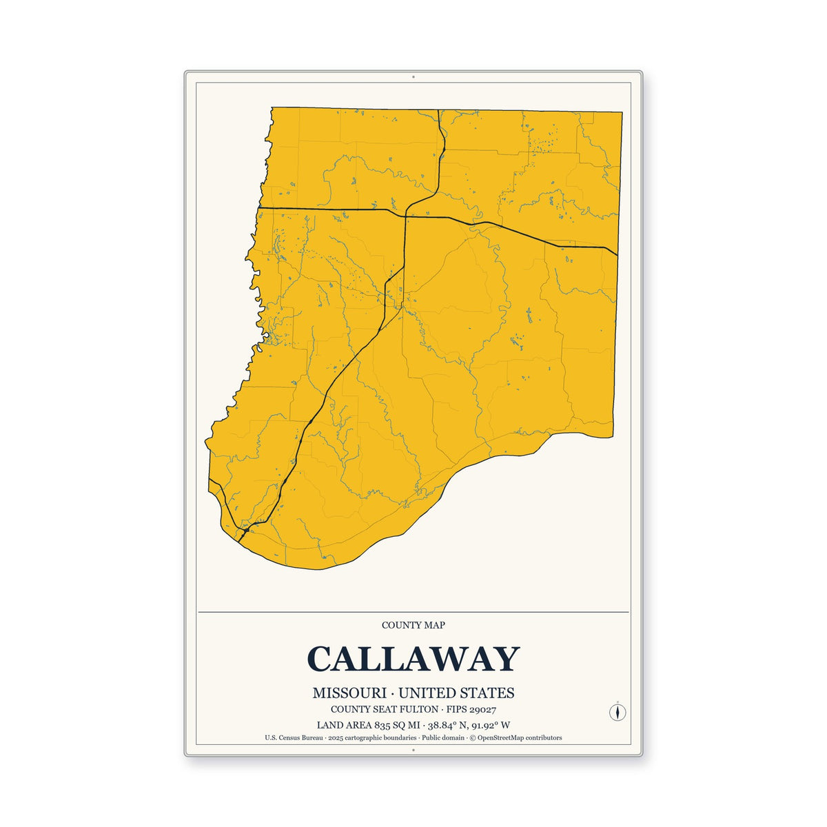 Callaway County, Missouri Map Aluminum Sign in Citrine Modern style