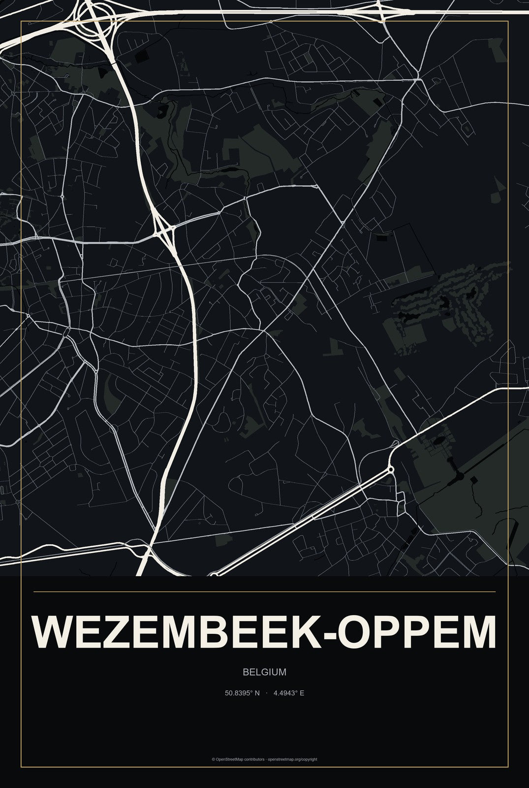 Wezembeek-Oppem, Belgium City Map Aluminum Sign in Metropolitan Noir style