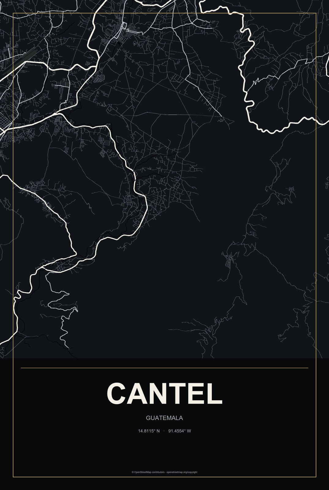 Cantel, Guatemala City Map Aluminum Sign in Metropolitan Noir style
