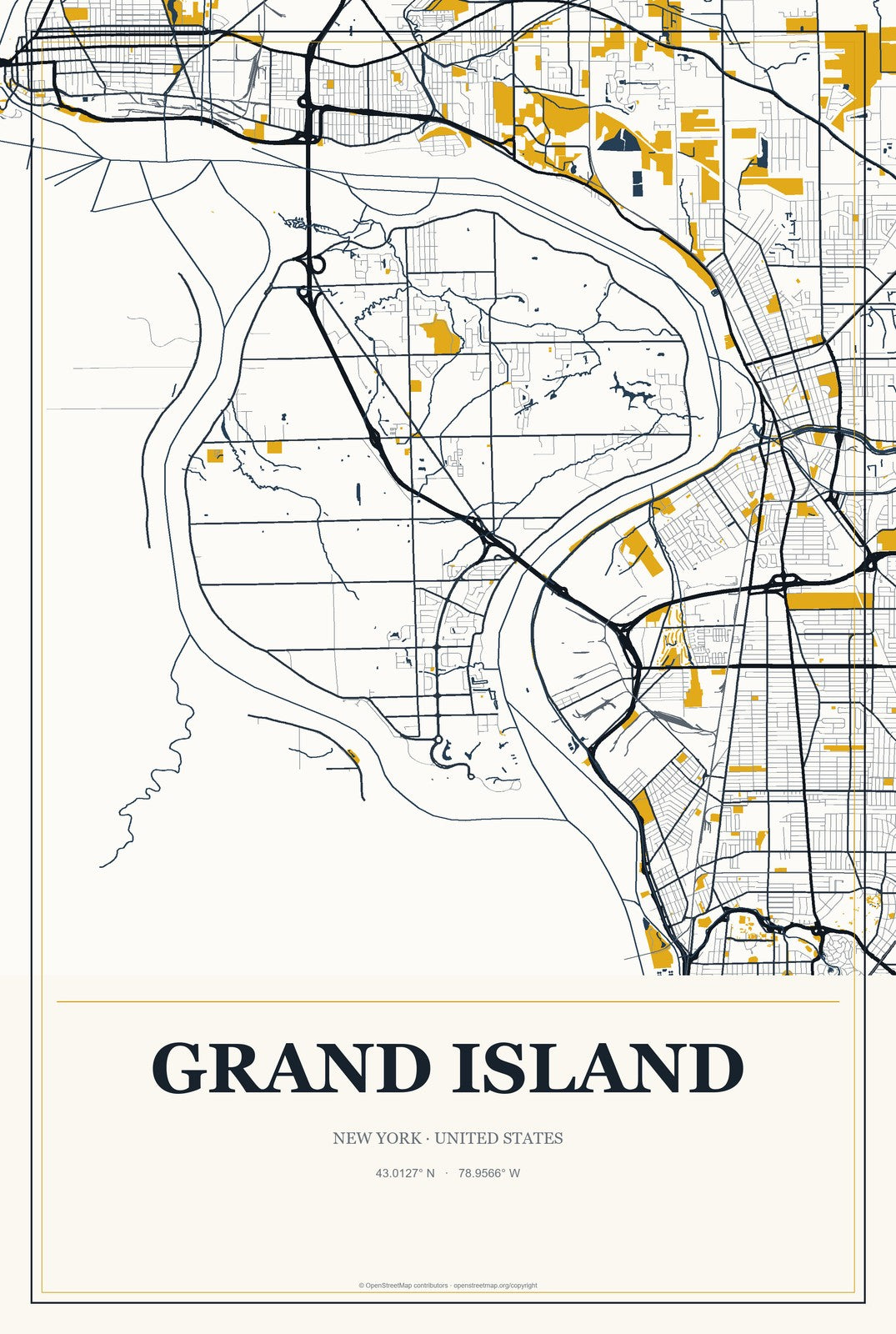 Grand Island, New York City Map Aluminum Sign in Citrine Modern style
