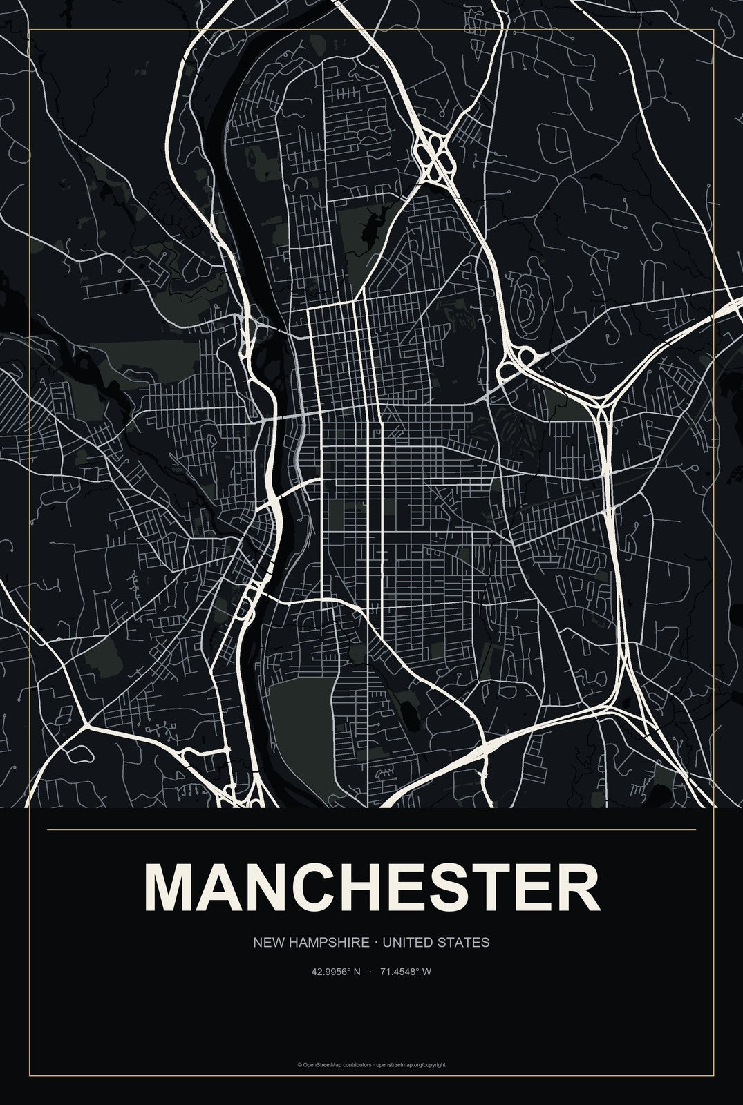 Manchester, New Hampshire City Map Aluminum Sign in Metropolitan Noir style