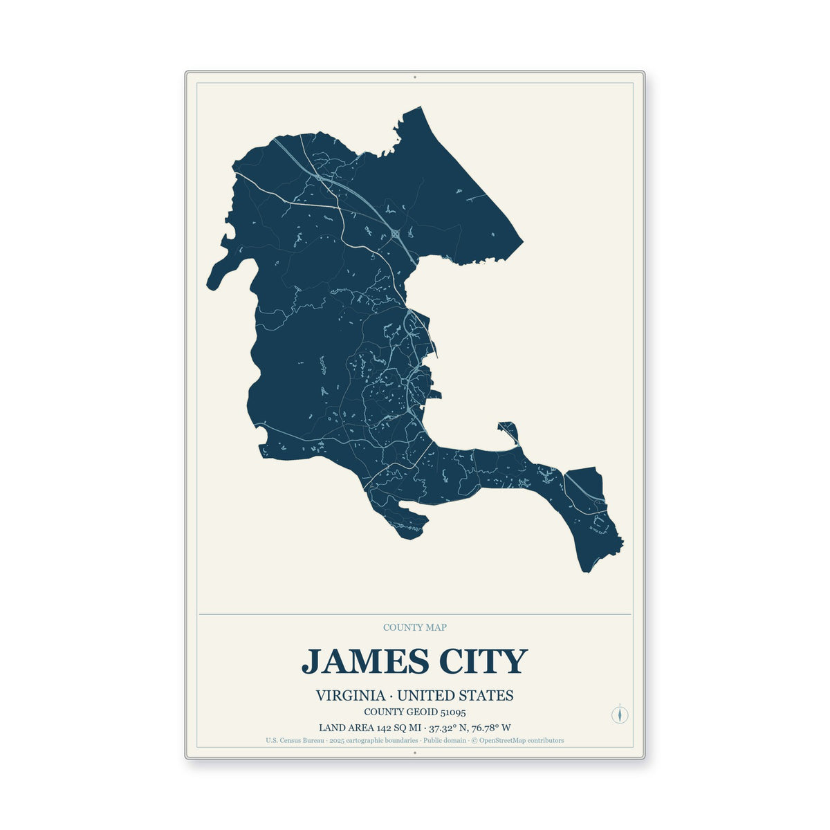 James City County, Virginia Map Aluminum Sign in Coastal Cutout style