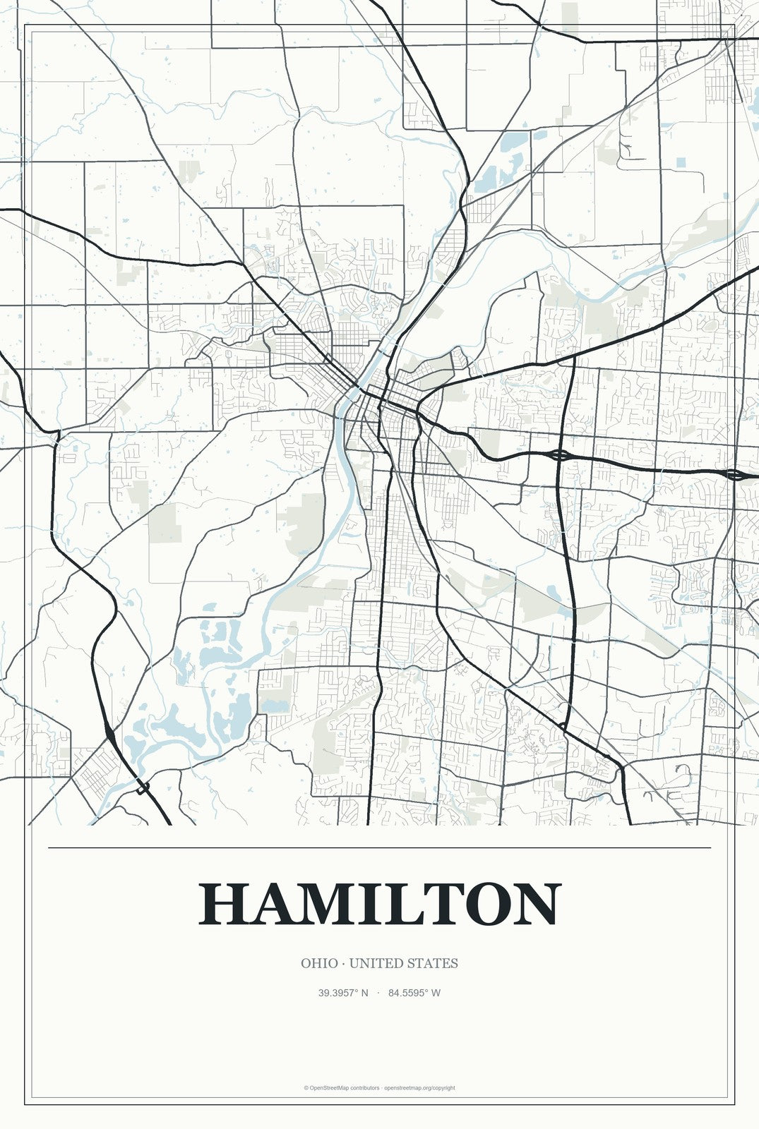 Hamilton, Ohio City Map Aluminum Sign in Gallery Air style
