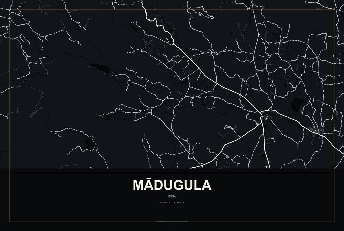 Mādugula, India City Map Aluminum Sign in Metropolitan Noir style