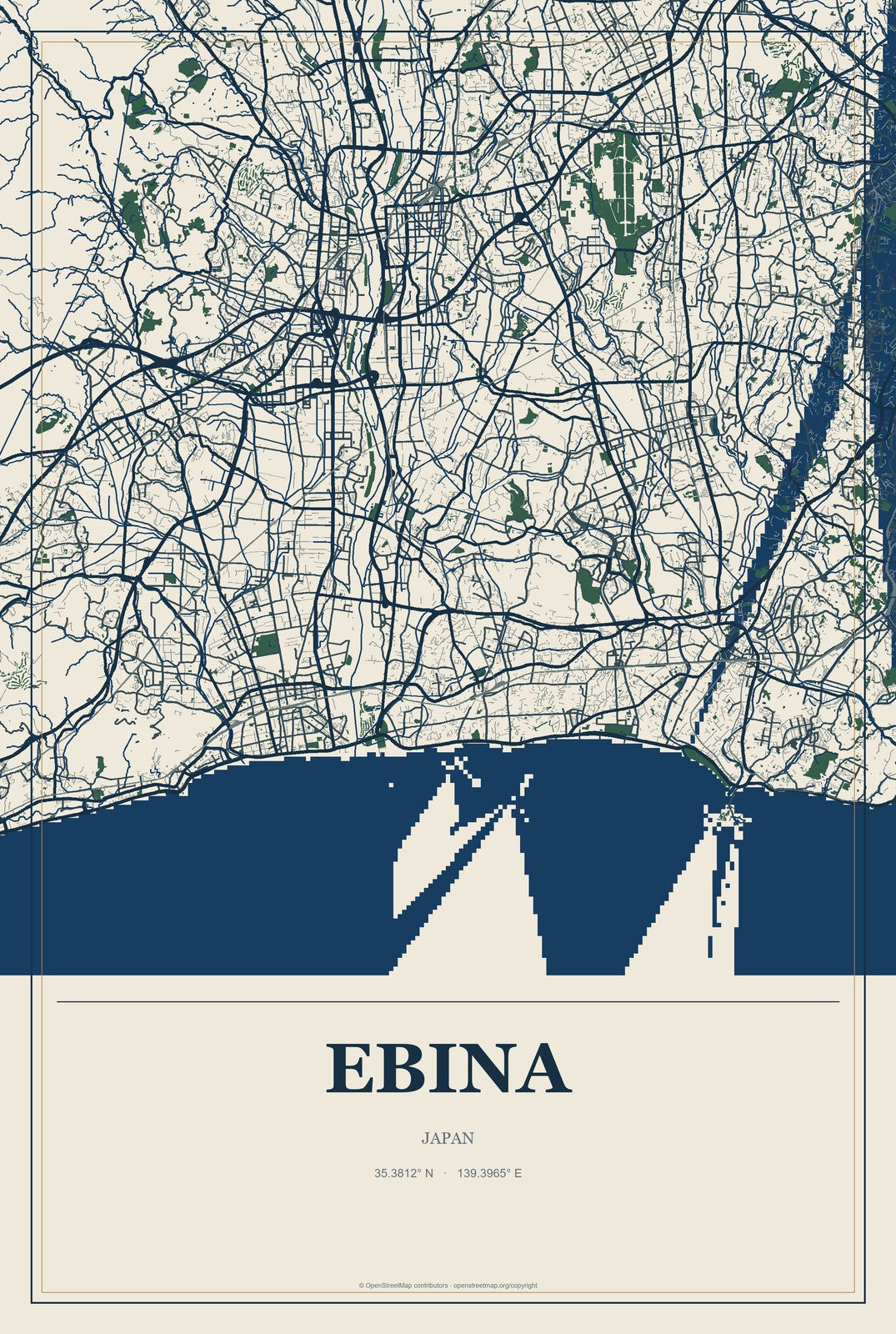 Ebina, Japan City Map Aluminum Sign in Coastal Cutout style