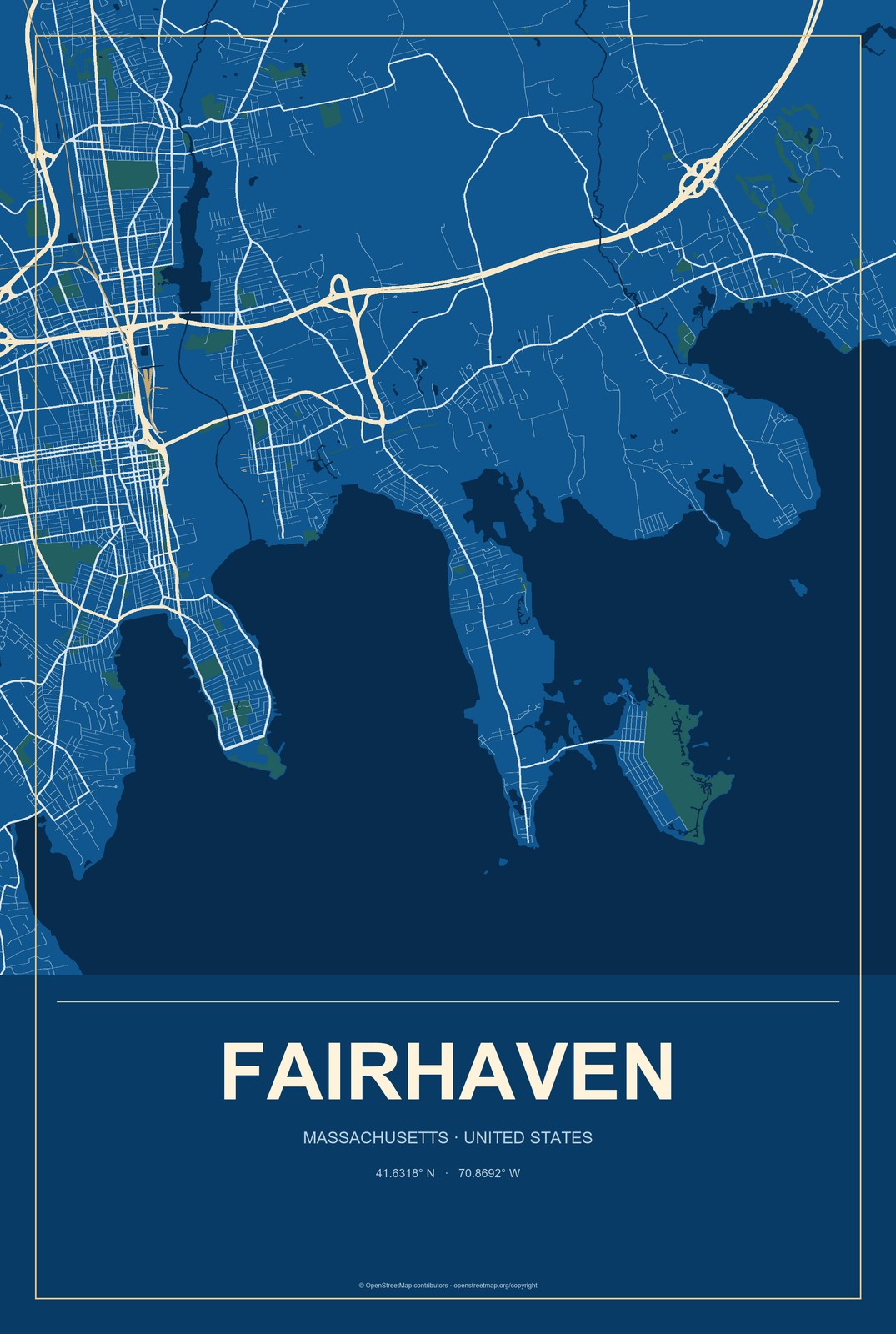 Fairhaven, Massachusetts City Map Aluminum Sign in Harbor Cobalt style