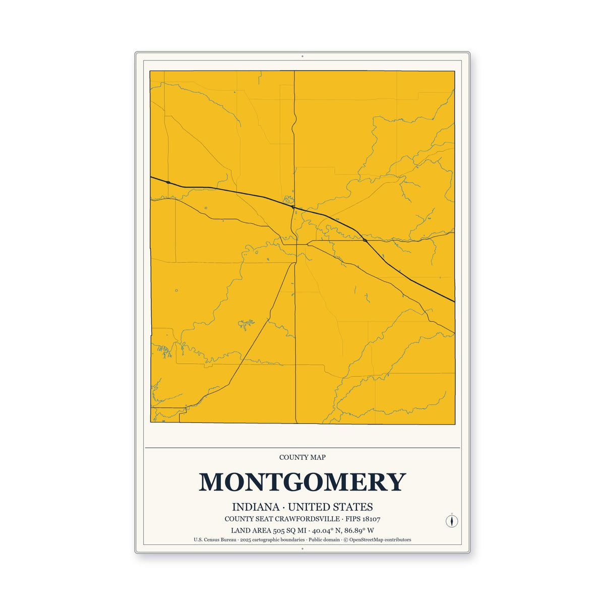 Montgomery County, Indiana Map Aluminum Sign in Citrine Modern style