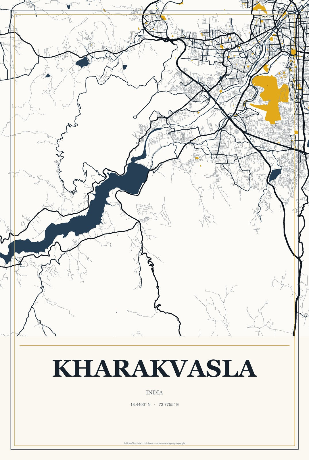 Kharakvasla, India City Map Aluminum Sign in Citrine Modern style
